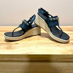 MK Black Wedge Espadrille Thong Sandals with Gold Chain Detail